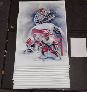 lot 438 image: (11) Signed by artist Jiang Zunzhong NHL #39 Dominic Hasek, mixed media artwork on canvas