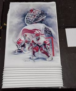 lot 460 image: (10) Signed by artist Jiang Zunzhong NHL #39 Dominic Hasek, mixed media artwork on canvas