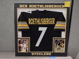 lot 241B image: Collage of Ben Roethlisberger Steelers Jersey and Photos. Professionally matted. 32 x 32
