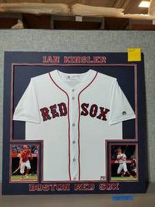 lot 260A image: Collage of Ian Kinsler Boston Red Sox Uniform shirt and Photos. Professionally matted. 32 x 32