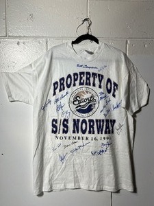 lot 77C image: Shirt with 17 MLB Greats player signatures Bob Feller, Bert Campaneris, Eric Gagne, Mickey Lolich, Stan Bahnsen, Stan Musial