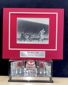 lot 41B image: Rare glass Ted Williams baseball in a mirrored display case and a photo of Ted, The Splendid Splinter Hall of Fame 1966