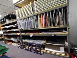 lot 503 image: 2 shelving units of Mat Boards. Brands include Berkshire and Crescent and sizes very with much being 32 x 40