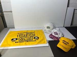 lot 468 image: (3) hats and 1 Steelers Terrible Towel. Green Bay  William Henderson #33 and #48 Minnesota Vikings Paul Krause HOF 98 Buffalo Bills Super Bowl XXVI Jim Kelly