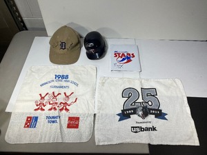 lot 469 image: Signed Hat by Detroit Tigers Alan Trammell #3 & Lou Whitaker. Stars album signed. Twins helmet signed. Timberwolves Towel. 88 MN State HS Tourney Towel.
