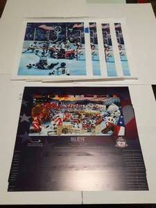 lot 514 image: (19)  Signed artist Jiang Zunzhong mixed media artwork of US Olympic Hockey Team.  US Hockey Foundation Believe Poster