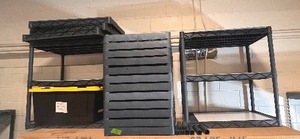 lot 528 image: Connect-a-Shelf shelving system parts. Ventilated Shelves are 36 w x 24 d. Poles are approx 16 inches.