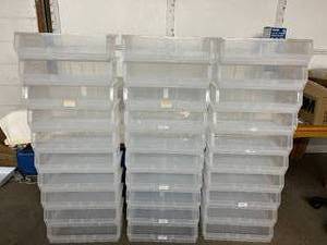 lot 73 image: Large Lot Of 30 Each NEW&nbspAkro-Mils 30255 AkroBins Clear Industrial Grade Stackable Hanging Plastic Storage Container Bins