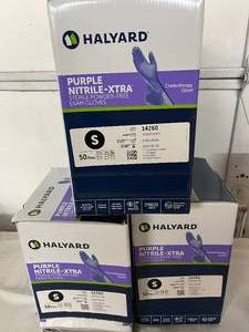 lot 26 image: Lot of 3 Boxes (50 PairsBox) NEW&nbspHalyard 14260 Purple Nitrile-Xtra Sterile Powder-Free Exam Chemotherapy Gloves - For moderate to high exposure to fluids or chemicals,&nbspTextured fingertips- 1 Box Open But Seems Full Exp 823