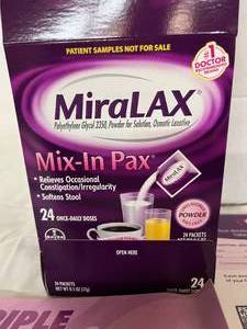lot 35 image: 1 Case (24PacketsCase) NEW MiraLAx Polyethylene Glycol 3350 Mix-In Pax Powder for Solution Osmotic Laxative - Relieves Occasional ConstipationIrregularity - Case Has Coupons - Expiration 825
