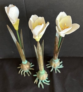 Trio of Petite Brass Vases with Porcelain Flowers