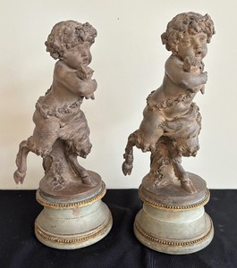 Pair of Claude Michael Satyr Child Sculptures with Owls