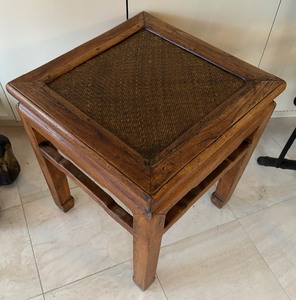 19th Century Chinese Qing Dynasty Stool with Woven Rattan Top & Carved Apron