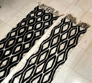 Two Black and White Geometric Patterned Textiles  Table Runners with Fringed Edges