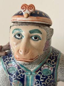 Vintage Chinese Porcelain Tea Pot in the Form of a Monkey Sitting on a Deer