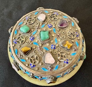 Antique Chinese Hardstone and Filigree Inlaid Cylinder Box with Jade Bangle
