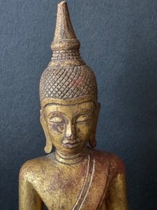 Vintage Carved Wooden Bhumisparsha Mudra Buddha Figurine