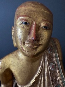 Antique Gilt Wood Hand Carved Burmese Wooden Seated Sariputra Buddha Monk