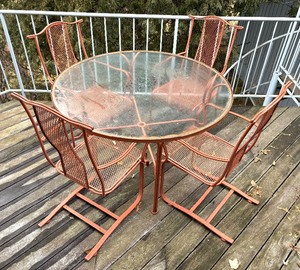 Vintage Orange Painted Metal and Glass Top Patio Table with 4 Chairs  Vintage Salterini Table and Chairs Set
