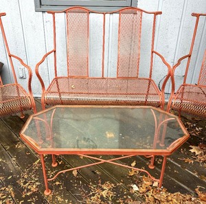 Vintage Orange Painted Metal Bench, 2 Chairs and 3 Tables