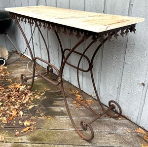 Vintage French Bakers Table  Ornate Marble Top Console Table