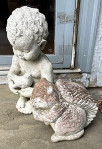 Cute Cement Squirrel and Child with Bird Sculptures
