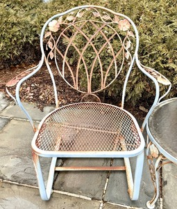 Two Vintage Lyon-Shaw, Windflower Lattice Design Metal Patio Chairs and Coordinating Table