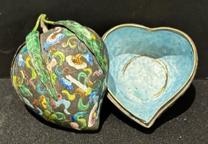 Vintage Chinese Enameled Metal Box  Vintage Peach Shaped Chinese Enameled Metal Box