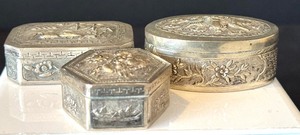Three Vintage Chinese Silver Embossed Trinket  Ink Metal Boxes