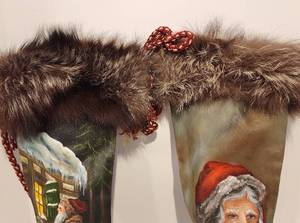 Hand Painted Leather Decorative Christmas Stockings with Natural Fur Cuffs
