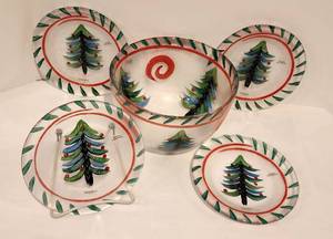 Hand-Painted Kosta Boda Christmas Tree Serving Bowl and Plates