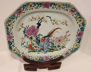 Vintage Asian Platter & Wooden Plate Stand