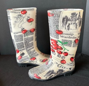 Fun Cherry and Newspaper Motif Rubber Rain Boots