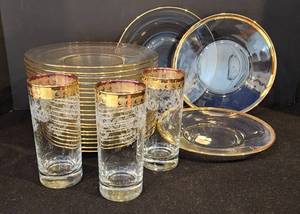 Vintage Sparkling Gold-Embellished Plate and & Glass Collection
