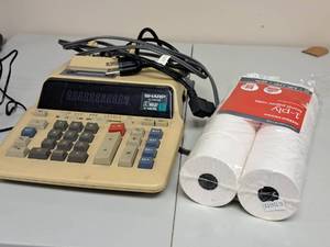 lot 114 image: Sharp 10-Digit L Display Paper Adding Machine EL-1197GII with Extra Rolls of Office Depot Bond Paper 2.25x130 White