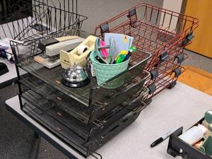lot 119 image: Assorted Office Supplies - Paper Organizers, Tape Dispensers, Staplers, Desk Bell