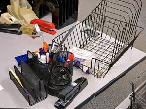 lot 120 image: Assorted Office Supplies - Paper Organizers, Staplers, Letter Opener, Pens, Markers
