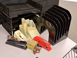 lot 121 image: Assorted Office Supplies - Paper Organizers, Staplers, Paper Clips, Tape Dispenser, Staple Remover