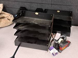 lot 122 image: Assorted Office Supplies - Paper Organizers, Staplers, Paper Clips, Tape Dispenser, Staple Remover