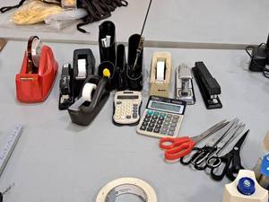 lot 259 image: Lot of  Misc. Office Supplies - Tape Dispensers, Staplers, Scissors, Calculators