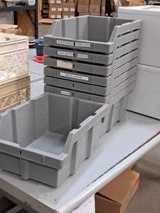 lot 284 image: Lot of (9) Plastic Stackable Storage Bins