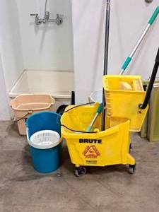 lot 289 image: (2) Mop Buckets and (1) Rolling Mop Bucket with Brute Wringer and Mop