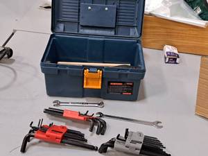 lot 302 image: Tool Box with Hex Wrench Sets, Combination Wrenches, Open End Wrench, Screwdriver, Pipe Elbow, Saints Wood