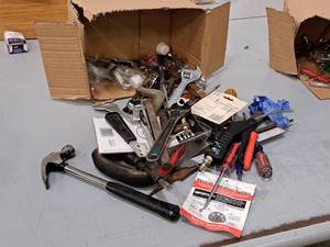 lot 303 image: Lot of (1 Box) Hand Tools - Adjustable Hole Drill, Hammer, Adjustable Wrenches, Screwdrivers, Sockets, Clamps. Misc Tools