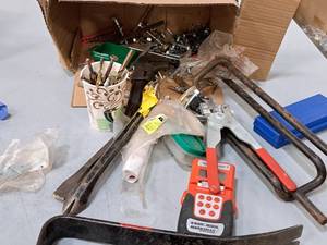 lot 304 image: Lot of (1 Box) Hand Tools - Pry Bars, Chisel Bits, Pipe Wrench, Misc, Hardware