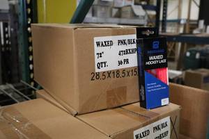 lot 2678 image: Lot of (1 Box) ProGuard 72 Waxed PinkBlack Hockey Lace Pairs 36-count ( 36 total items )
