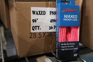 lot 2684 image: Lot of (1 Box) ProGuard 96 Waxed PinkBlack Hockey Lace Pairs 36-count ( 36 total items )