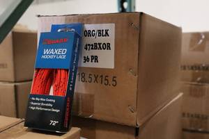 lot 2720 image: Lot of (1 Box) ProGuard 72 Waxed OrangeBlack Hockey Lace Pairs 36-count ( 36 total items )