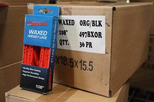 lot 2732 image: Lot of (1 Box) ProGuard 108 Waxed OrangeBlack Hockey Lace Pairs 36-count ( 36 total items )