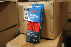 lot 2736 image: Lot of (1 Box) ProGuard 120 Waxed OrangeBlack Hockey Lace Pairs 36-count ( 36 total items )